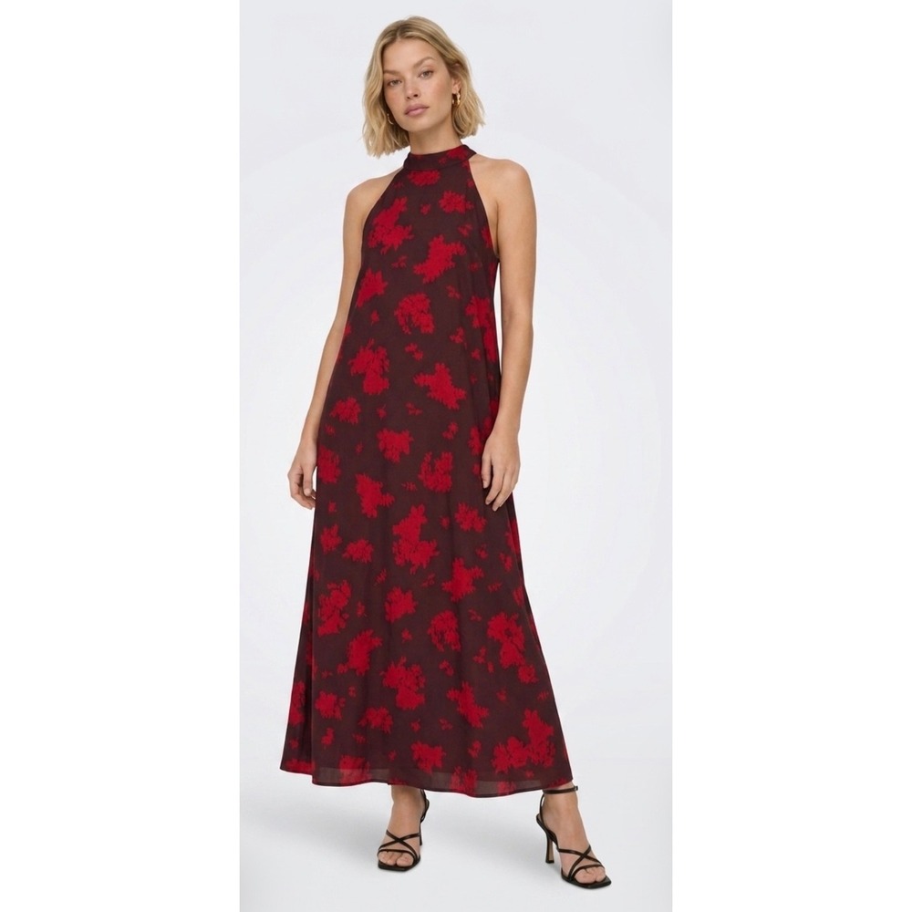 Ann Taylor Maxiβ Dress Womens Medium Burgundy Red Excellent Floral Halter Neck